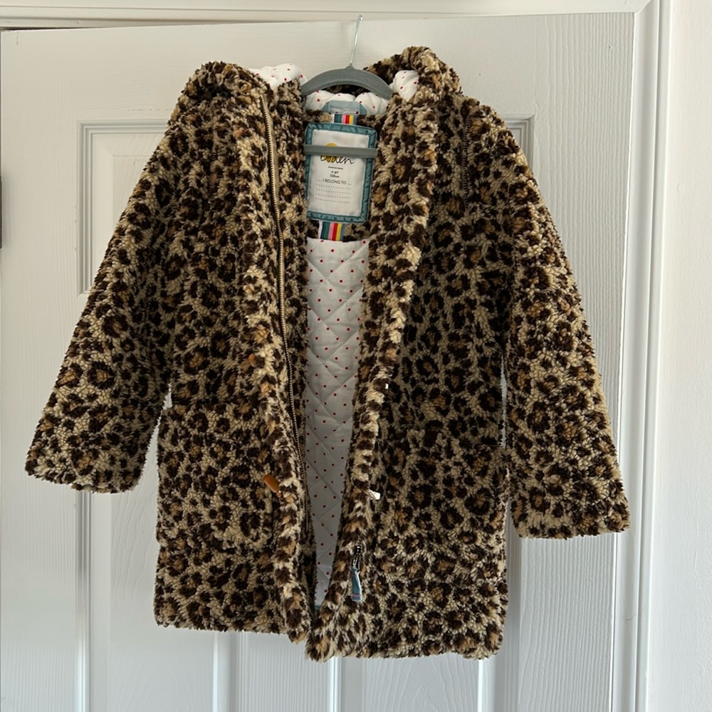 Mini Boden girls leopard cheetah print peacoat size 7-8, zip, toggle, hood.